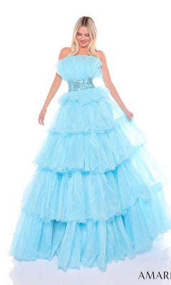 A woman stands against a white background wearing Amarra's Long Formal Dress 88083, a strapless ball gown with a beaded waist, tiered light blue layers, and a fitted embroidered bodice.