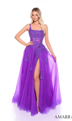 A woman poses against a white background in the Amarra 88084 embroidered prom ball gown, featuring sleeveless design, floor-length purple tulle, floral embellishments, a corset bodice, and a high slit.