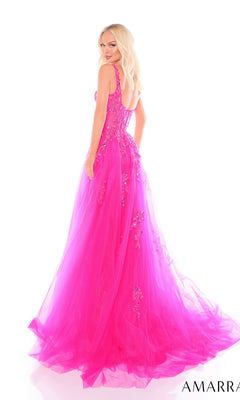 A woman with long blonde hair models the Embroidered Prom Ball Gown: Amarra 88084, a bright pink floor-length tulle dress with glitter a-line skirt and low back, posing against a white background.
