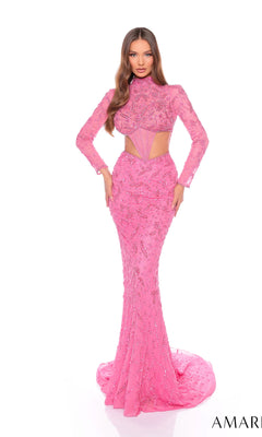 A woman stands against a white background wearing the Long Formal Dress 88089 by Amarra, featuring a fitted silhouette, long sleeves, high neck, pink sequins, and sheer cut-out accents at the midriff.