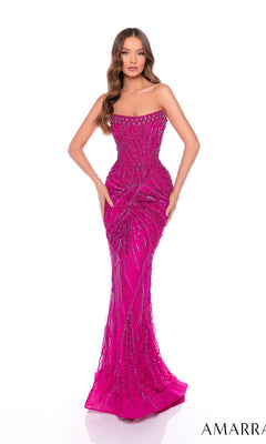 Woman wearing the Long Formal Dress 88095 by Amarra—a fitted, strapless, floor-length magenta gown with intricate beadwork—standing against a white background.