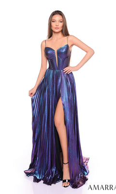 A woman poses against a white background wearing the Long Formal Dress 88098 by Amarra, a metallic purple pleated A-line gown with spaghetti straps and a thigh-high slit.