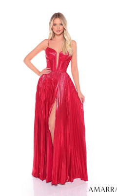 A woman stands against a white background wearing the Long Formal Dress 88098 by Amarra—a shiny red pleated A-line dress with spaghetti straps, a boned corset bodice, and a thigh-high slit.