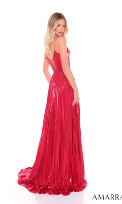 A woman stands against a white background, wearing the Long Formal Dress 88098 by Amarra—a floor-length metallic red gown featuring thin straps and a boned corset bodice—glancing over her shoulder.