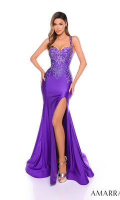 A woman poses in the Ombre-Glitter Long Formal Dress: Amarra 88101, featuring a fitted, floor-length silhouette, sweetheart neckline, beaded embellishments, thigh-high slit, and silver high heels against a white background.