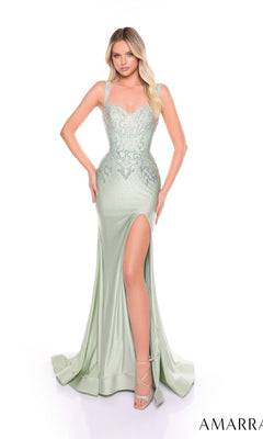A woman in the Ombre-Glitter Long Formal Dress: Amarra 88101, a light green sweetheart gown with rhinestones and a thigh-high slit, paired with strappy heels, stands against a white background.