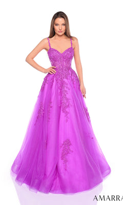 A woman poses against a white background wearing the Long Formal Dress 88109 by Amarra, a bright purple A-line ball gown with lace embroidery and spaghetti straps.