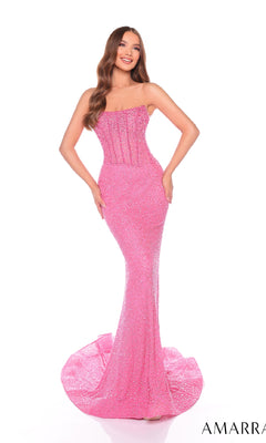 A woman poses against a white background wearing the Long Formal Dress 88110 by Amarra—a strapless, fitted, floor-length pink sequin gown featuring a boned corset and slight train.