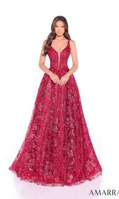 A woman faces forward in the Long Formal Dress 88126 by Amarra—a sleeveless, deep red A-line ball gown with a plunging neckline, floral patterns, and a delicate corset bodice.