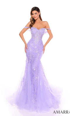 A woman wears the Amarra 88132 long formal dress, a fitted off-the-shoulder lavender mermaid gown featuring sparkly embellishments, floral sequin details, and a tulle skirt.