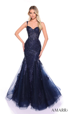 A woman poses against a white background in the Amarra 88132, a dark blue strapless mermaid long formal dress featuring sparkly embellishments and a tulle skirt.
