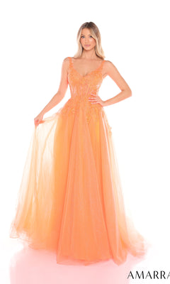 A woman wears the Amarra 88201 long prom dress in peach-orange glitter tulle with lace and tulle accents, holding out the skirt against a white background. "AMARRA" is visible in the corner.
