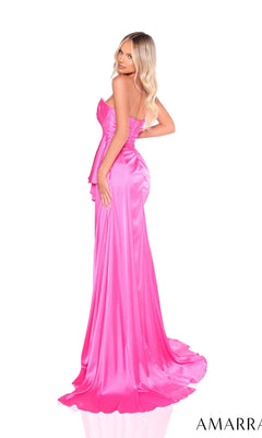 A woman with long blonde hair models the Amarra 88206, a bright pink satin strapless prom dress with a sweetheart neckline and slight train, standing against a white background.