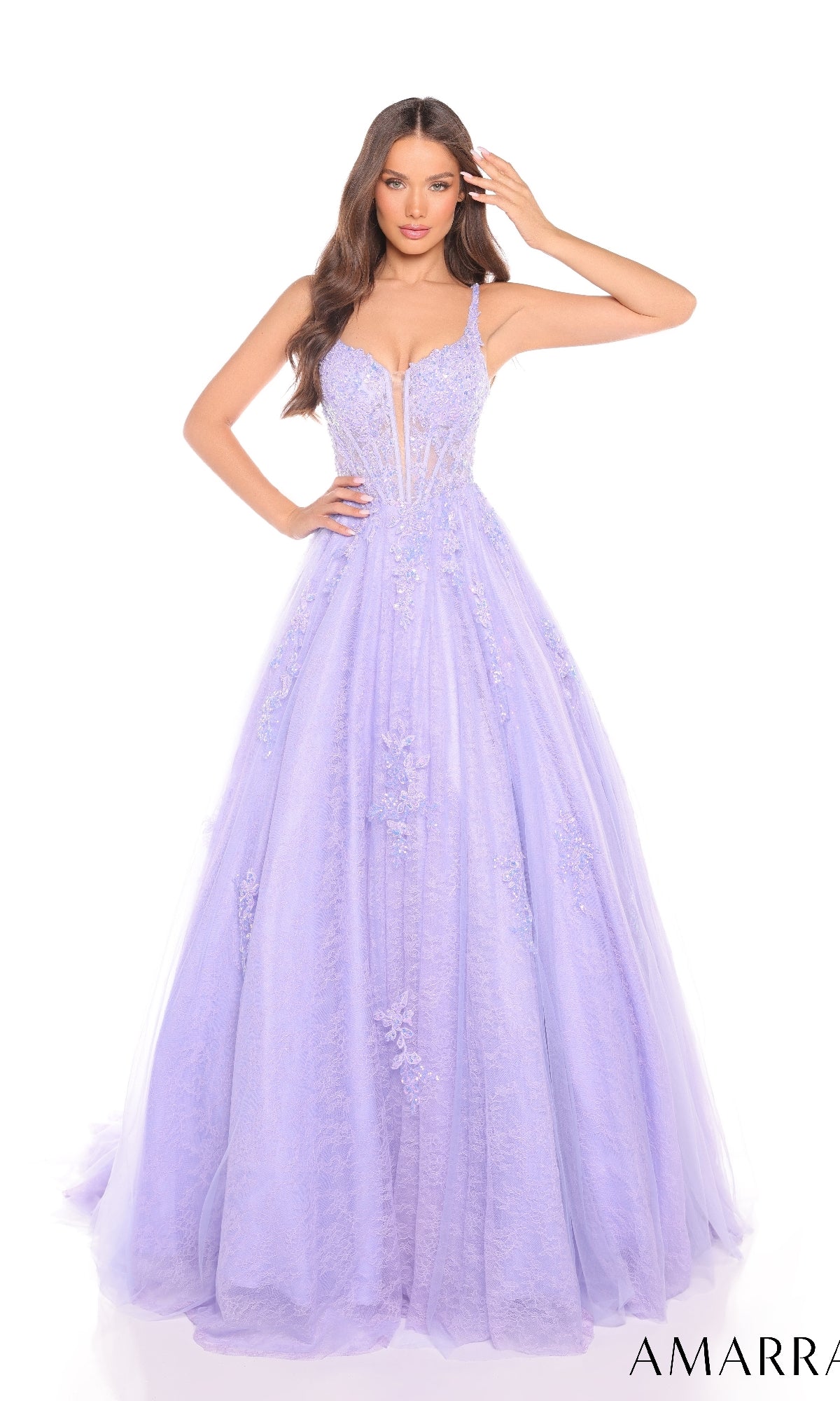 A woman poses against a white background in the Lace Prom Ball Gown: Amarra 88219?a light purple, floor-length A-line gown with floral and beaded lace appliqu‚s on the fitted bodice.