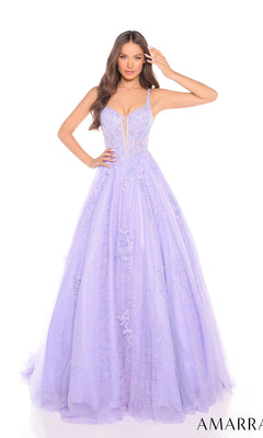 A woman poses against a white background in the Lace Prom Ball Gown: Amarra 88219?a light purple, floor-length A-line gown with floral and beaded lace appliqu‚s on the fitted bodice.