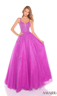 A young woman poses against a white background wearing the Amarra 88219 Lace Prom Ball Gown, a floor-length bright purple A-line dress with beaded embellishments, thin straps, and a fitted bodice.