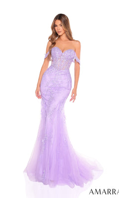 A woman stands against a white background wearing the Amarra 88224 Long Prom Dress, a fitted off-the-shoulder lavender gown with a corset bodice, sheer details, and sparkling sequin embellishments.