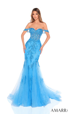 A woman poses against a white background in the Amarra 88224 long prom dress?an off-shoulder blue mermaid gown with embroidered lace appliques, floral details, a corset bodice, and a tulle skirt.