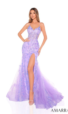 A woman wears the Amarra 88227 long prom dress—lavender, fitted mermaid style featuring floral embroidery, thin straps, a high leg slit, and tulle hem—standing against a white background.