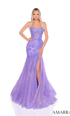 A woman poses against a white background wearing the Amarra 88232, a long strapless prom dress in lavender with blue floral embellishments, a lace-up back, and a high leg slit.