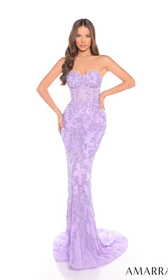 A woman wears the Amarra 88236 long prom dress, a strapless lilac sequin mermaid gown with beaded floral details, posing against a white background.