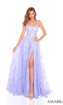 A woman poses against a white background wearing the Amarra 88240, a light purple, sleeveless long prom dress with a sheer lace corset bodice, high slit, and floor-length fitted skirt highlighting elegant lace details.