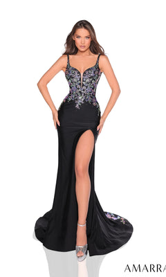 Model wearing the Amarra 88242 Long Prom Dress?black, fitted, with floral embroidery, deep neckline, high thigh slit, and lace-up back?standing hands on hips against a plain white background.