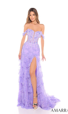 A woman wearing the Amarra 88251 long prom dress—a strapless lavender lace gown with a lace-up open back, high-leg slit, and ruffled layers—stands against a white background.