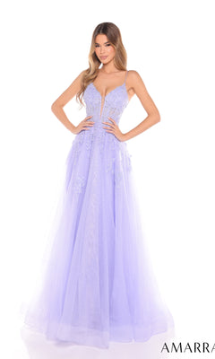 A woman stands with hands on hips against a white background, wearing the Amarra 88253 long prom dress featuring thin straps, glitter tulle, floral embellishments, and a deep V-neckline in light purple.