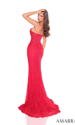 A woman in the Amarra 88264 long prom dress, a strapless red lace gown with a sweetheart neckline and flared train, poses facing backward with one hand on her head. The "AMARRA" logo appears in the corner.