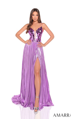 A woman poses with hands on hips in the Amarra 88267 long prom dress, featuring shiny lavender metallic fabric, a structured bodice, high slit, and metallic heels against a white background.