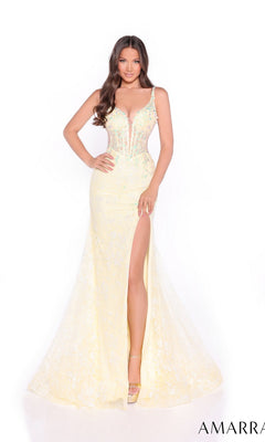 A woman poses against a white background wearing the Amarra 88275 Sheer-Sides Long Glitter Prom Dress, featuring a light yellow color, floor-length mermaid skirt, sheer bodice, floral details, and high leg slit.