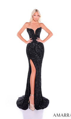 A woman poses against a white background in the Amarra 88291-1 long black prom dress, featuring a strapless fitted design with sequin embellishments, sweetheart neckline, high slit, and floor-length hem, paired with platform heels.