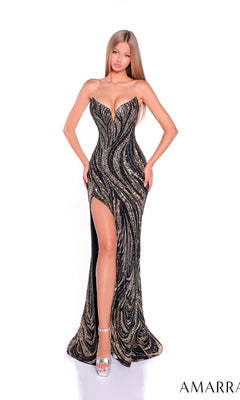 Model showcasing the Long Prom Dress: Amarra 88291-1, a strapless fitted gown with black and gold sequins, floor-length design, and thigh-high slit, posed against a white background.