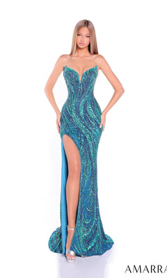 A woman in the Amarra 88291-1 long prom dress, featuring a strapless fitted design with green and blue sequins and a thigh-high slit, stands against a white background.