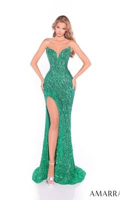 A woman poses against a white background in the Amarra 88291-1, a glamorous long prom dress featuring a strapless fitted design, sequin embellishments, and a high slit.