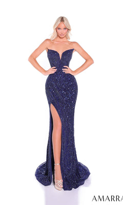 A woman stands with hands on hips against a white background, wearing the Amarra 88291-1 Long Prom Dress—strapless, fitted, adorned with sequins and featuring a thigh-high slit.