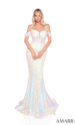 A woman models the Amarra 88298, an off-shoulder long sequin prom dress with mermaid styling and lace details, against a white background. "AMARRA" appears in the bottom right corner.