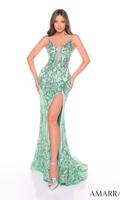 A woman poses against a white background in the Amarra 88299 long prom dress?a fitted, floor-length green sequin gown featuring spaghetti straps, a deep neckline, and a high leg slit.