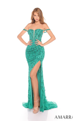 A woman poses against a white background wearing the Amarra 88305 long prom dress—fitted, off-the-shoulder, green sequins with a thigh-high slit—and nude high-heeled sandals.