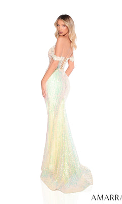 A woman poses in the Amarra 88309, an off-shoulder sequin prom gown with lace-up back detailing and a shimmering, floor-length silhouette.