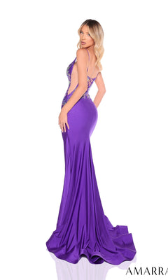 A woman models the Amarra 88312 long prom dress, featuring a fitted purple jersey design with a corset bodice and lace-up open back. She poses looking over her shoulder against a plain white background.