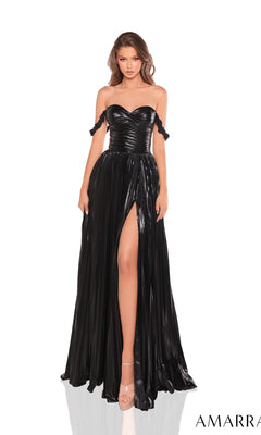 A woman wears the Amarra 88323 long prom dress?a strapless, black, floor-length gown with a thigh-high slit?facing forward against a white background, highlighting its pleated elegance.