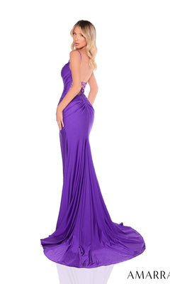 A woman models the Amarra 88326 Long Prom Dress in purple, featuring a fitted jersey design with a corset bodice, thin straps, floor-length skirt, flowing train, and a subtle high-leg slit against a white background.