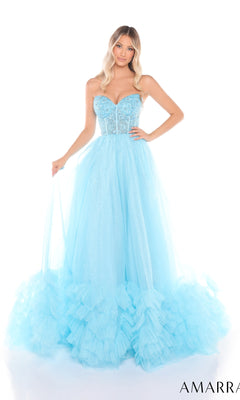 A woman wearing the Amarra 88339 Long Prom Dress, featuring a strapless, beaded corset bodice and a light blue tulle floor-length skirt with ruffled layers at the hem.