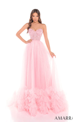 A woman models the Amarra 88339 long prom dress, featuring a strapless corset bodice, sheer tulle floor-length skirt, and ruffled hem, set against a white background.