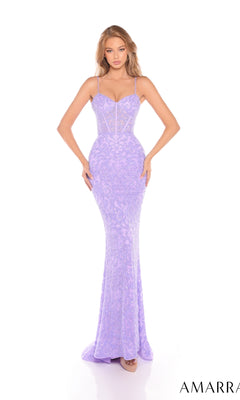 A woman wearing the Amarra 88348 long prom dress—a fitted lavender mermaid gown with thin straps and a floor-length lace skirt—stands against a white background.