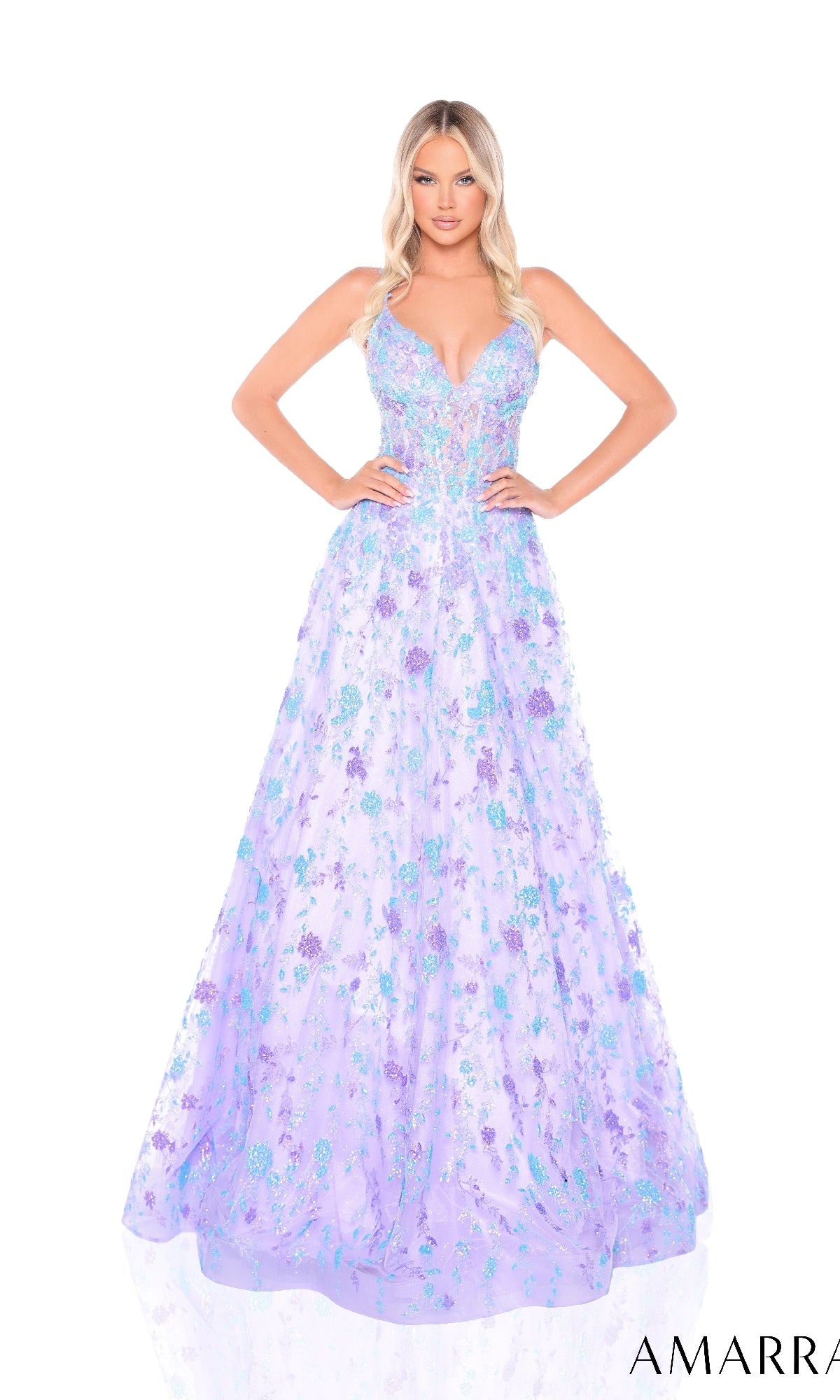Floral Glitter Prom Ball Gown: Amarra 88362