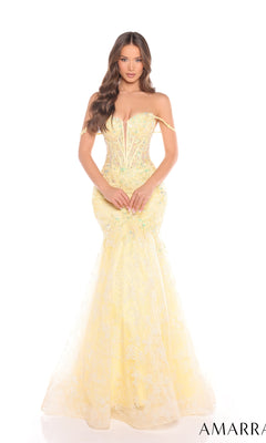 A woman poses against a white background in the Amarra 88373 long prom dress, featuring a fitted, off-the-shoulder yellow mermaid silhouette with a corset bodice and delicate floral lace detailing.