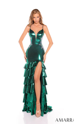 A woman models the Amarra 88420 long prom dress?a metallic green, fitted gown with thin straps, deep neckline, tiered ruffle skirt, and thigh-high slit?against a white background.